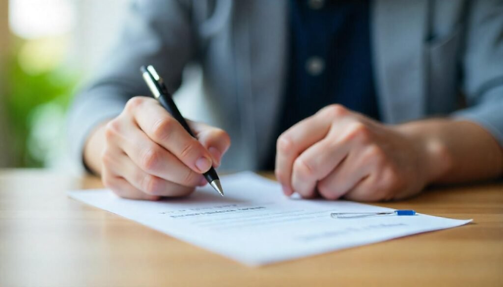 Close-up of a person signing a document related to personal loan refinancing at a desk.