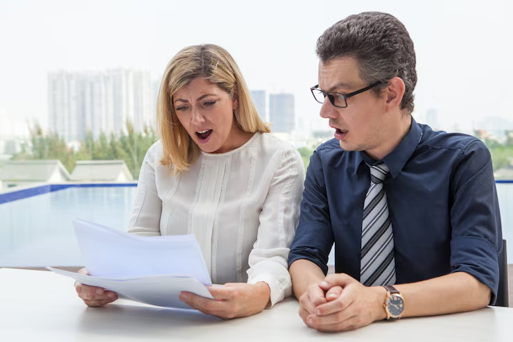 A surprised woman and man are sitting at a table outdoors, looking at a set of documents with shocked expressions, possibly reacting to unexpected or important information.