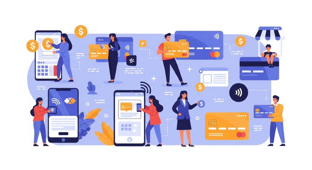 An infographic illustrating advanced payment solutions and credit products. The image features various human-like characters interacting with mobile phones, credit cards, and digital payment interfaces. Elements like dollar signs, shopping carts, and Wi-Fi symbols are scattered throughout, representing financial transactions and connectivity.