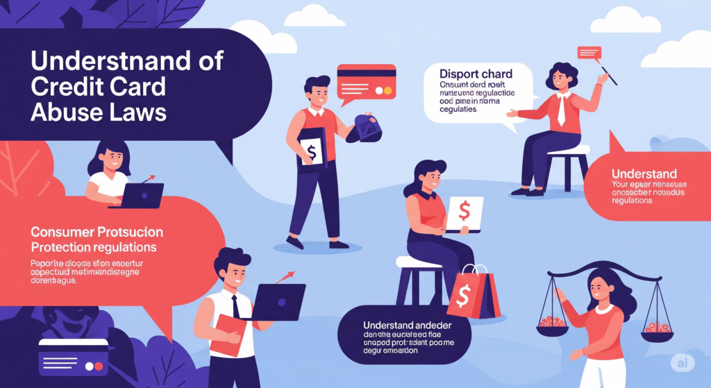 An infographic titled "Understand of Credit Card Abuse Laws." It features several human-like characters engaging with various aspects of credit card laws. On the left, a woman works on a laptop under a speech bubble about "Consumer Protection regulations." In the center, a man holds a credit card and money, while another woman sits with a dollar sign. On the right, a woman sits and speaks, and below her, another woman holds a scale, balancing money. Speech bubbles with text describing different aspects of credit card laws are distributed throughout the image.