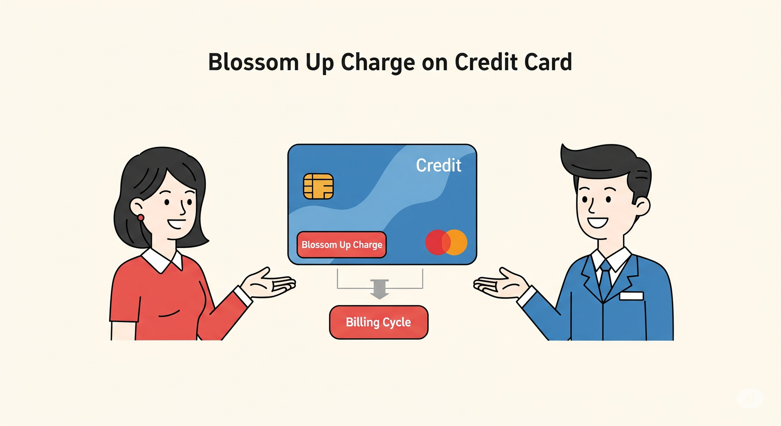 An infographic illustrating the Blossom Up Charge on Credit Card and its impact on the billing cycle. It features two smiling, human-like characters (a woman and a man) gesturing towards a central credit card. The credit card has a red "Blossom Up Charge" button, with an arrow pointing down to a box labeled "Billing Cycle," visually explaining how this charge connects to a credit card's billing.