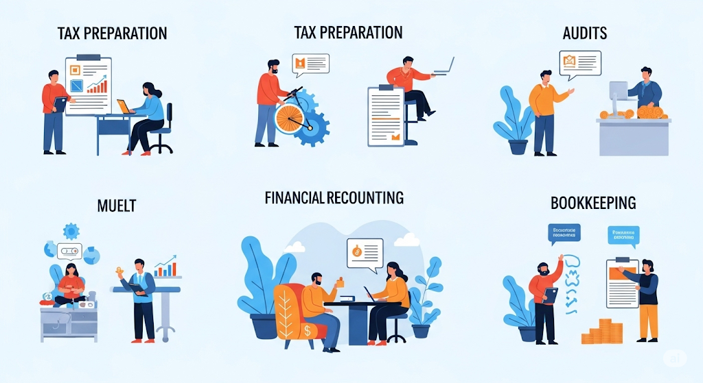 An infographic illustrating various aspects of tax and accounting. The top row shows scenes related to "Tax Preparation" with people working on documents and laptops, and "Audits" with figures reviewing financial data. The bottom row displays "Muelt" (likely meant as multiple/miscellaneous), "Financial Recounting" with individuals discussing finances, and "Bookkeeping" with people handling ledgers and money. All scenes feature human-like graphical characters.