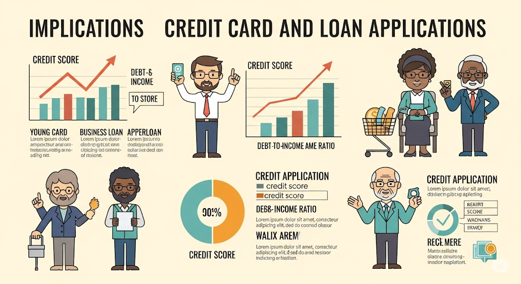 An infographic titled "Implications Credit Card and Loan Applications." It features various human-like characters and charts illustrating factors that influence credit and loan applications. These include sections on "Credit Score" with line and bar graphs, "Debt-to-Income" ratios, and "Credit Application" details with a pie chart showing "90% Credit Score." Different characters are shown holding credit cards, documents, or giving thumbs up, representing aspects like young card applications, business loan applications, and general credit application processes.