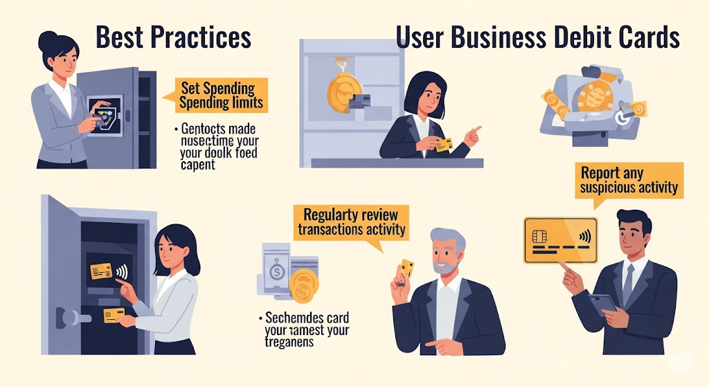 An infographic titled "Best Practices User Business Debit Cards." It illustrates various best practices for using business debit cards through six scenes featuring human-like characters. Key practices highlighted include setting spending limits with a woman interacting with a safe, a woman and a man reviewing transactions, and a man reporting suspicious activity while holding a large debit card.