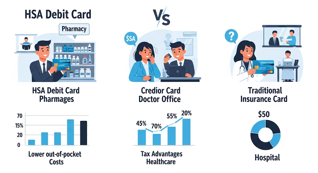 An infographic comparing "HSA Debit Card" to "Credior Card Doctor Office" and "Traditional Insurance Card" for healthcare payments. It features human-like characters, a pharmacy scene, a doctor's office, and a hospital setting. Bar graphs illustrate "Lower out-of-pocket Costs" and "Tax Advantages Healthcare," while a donut chart shows a "$50" cost for a hospital visit.