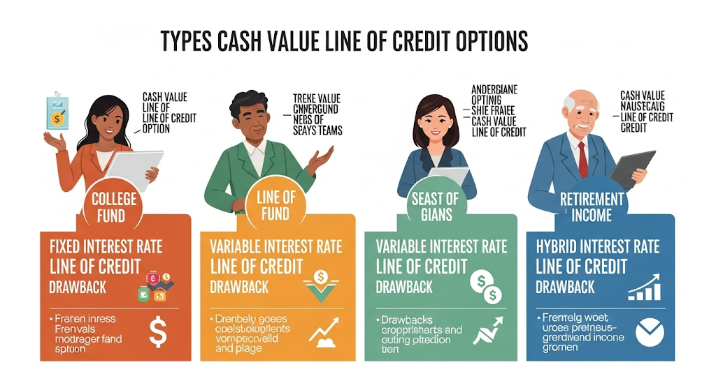 An infographic titled "Types Cash Value Line of Credit Options." It presents four different options, each with a human-like character. These include "College Fund" with a woman, "Line of Fund" with a man, "Seast of Gians" with a woman, and "Retirement Income" with an older man. Each section details a "Line of Credit Drawback" and includes icons like money bags, growth charts, and dollar signs, indicating different interest rate types.