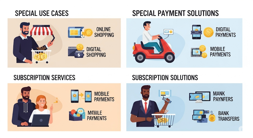 An infographic displaying "Special Use Cases" and "Special Payment Solutions" across four quadrants. The top left shows online and digital shopping. The top right illustrates digital and mobile payments for a person on a scooter. The bottom left features mobile payments for subscription services. The bottom right shows bank transfers as a subscription solution. All sections include human-like character