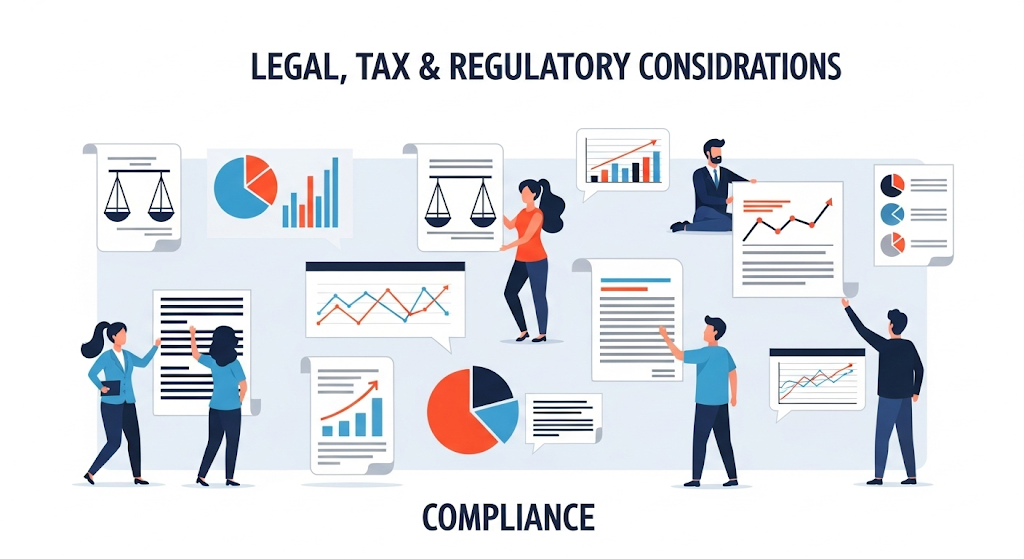 An infographic titled "Legal, Tax & Regulatory Considerations," with "COMPLIANCE" at the bottom. It features multiple human-like characters interacting with various documents, charts (pie and bar graphs), and scales of justice, all set against a light blue background.