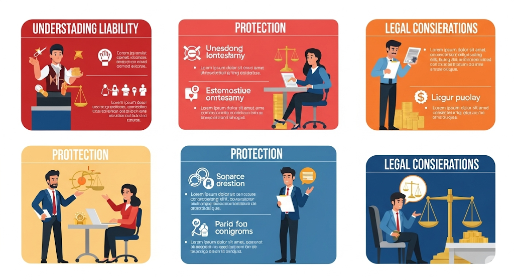 An infographic depicting "Understanding Liability, Protection, and Legal Considerations" across six panels. It features human-like characters illustrating concepts like liability with scales, protection with figures at laptops and holding shields, and legal considerations with documents, money, and scales of justice.