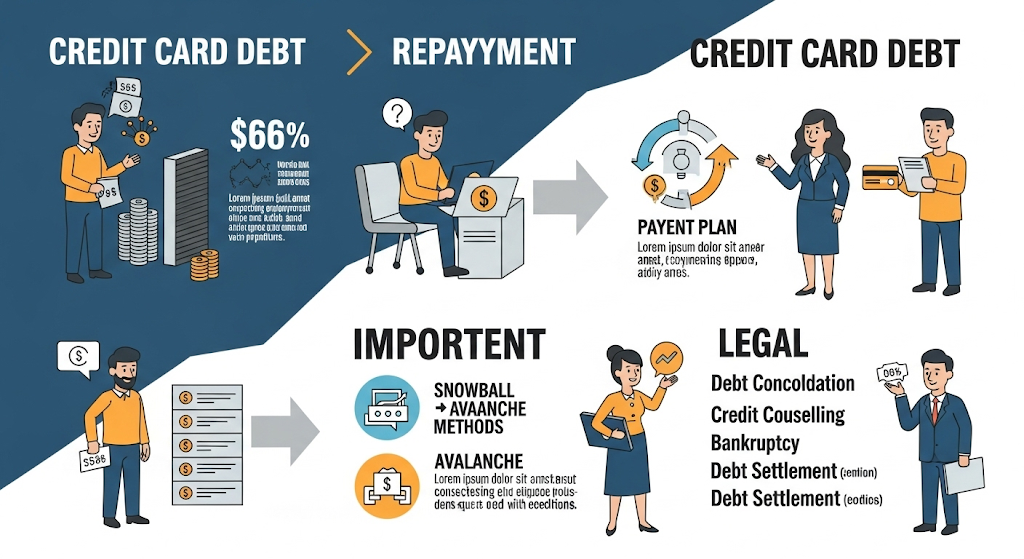 An infographic illustrating "Advanced Payment Solutions and Credit Products." It shows multiple human-like figures interacting with mobile phones, credit cards, and digital payment interfaces amidst floating currency symbols.