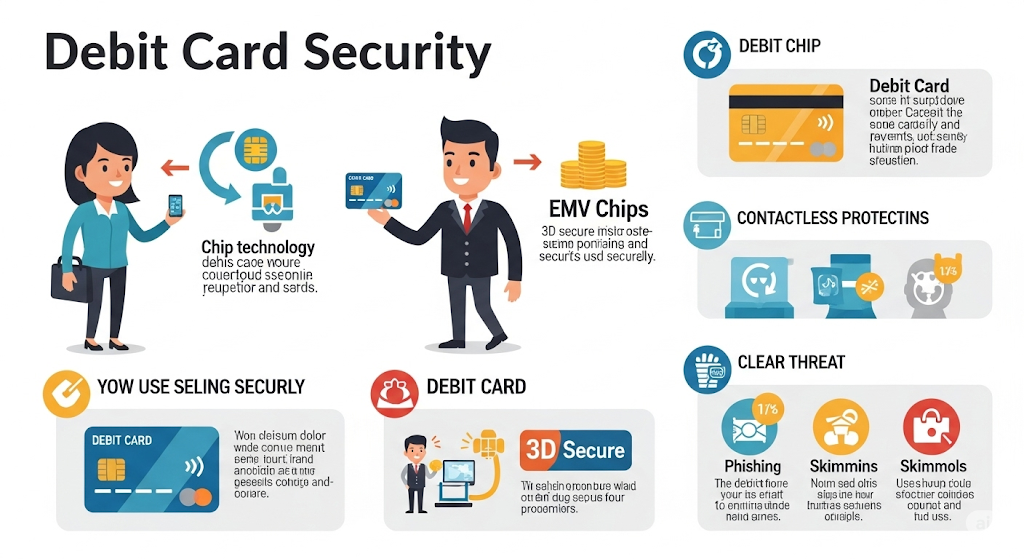 An infographic titled "Debit Card Security" explains features and threats. It illustrates chip technology, EMV chips, contactless protection, and various threats like phishing, skimming, and skimmols (likely meant as card skimmers), all with human-like characters.