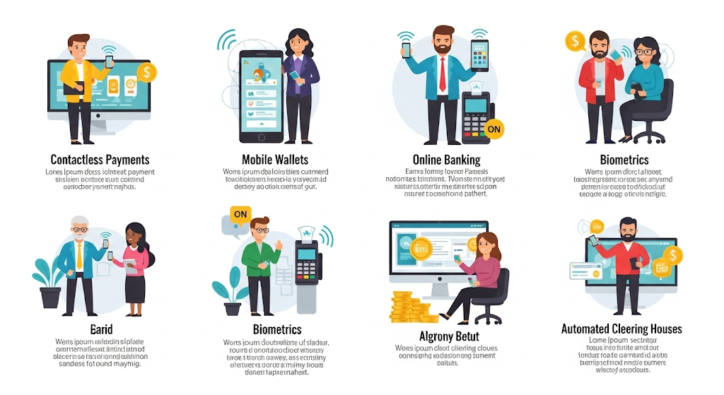 An infographic titled "Alternative Ways to Pay If Your Debit Card Chip Doesn't Work," showing various human characters demonstrating payment methods like contactless, credit card (magnetic stripe), digital wallet, and checks.