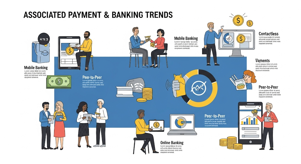 An infographic titled "Associated Payment & Banking Trends." It features human-like characters illustrating various banking and payment methods such as mobile banking, peer-to-peer payments, contactless payments, and online banking, with supporting visuals and charts.