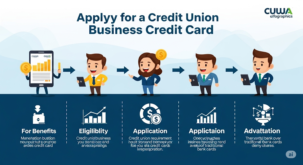 An infographic titled "Applyy for a Credit Union Business Credit Card." It shows a step-by-step process with human-like characters illustrating "For Benefits," "Eligibility," "Application," "Applictation," and "Advattation" (likely "Advantages").