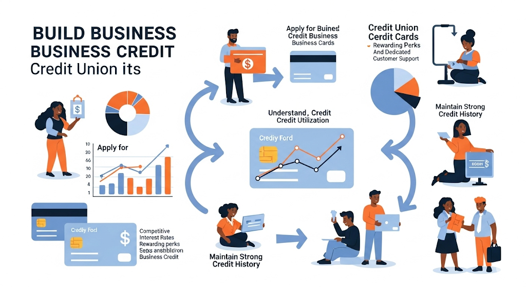 An infographic titled "BUILD BUSINESS BUSINESS CREDIT Credit Union its." It illustrates the process of building business credit with credit union cards, showing human-like characters and steps like applying, understanding credit utilization, and maintaining credit history.