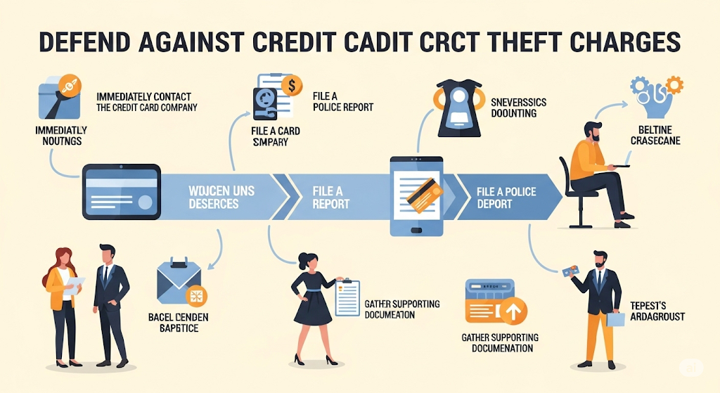 An infographic titled "DEFEND AGAINST CREDIT CADIT CRCT THEFT CHARGES." It illustrates steps to defend against credit card theft, including contacting the company, filing a police report, and gathering documentation, with human-like characters and flowcharts.