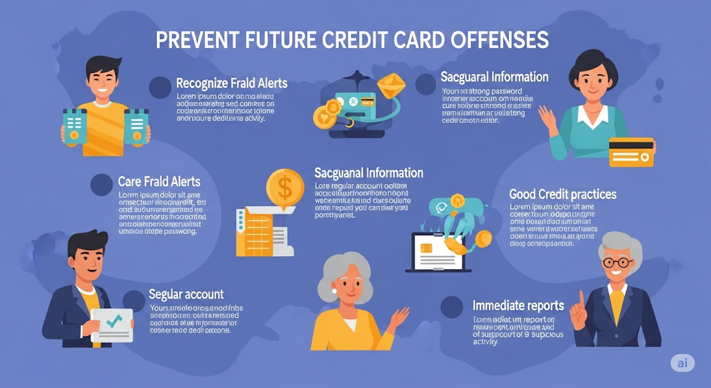 An infographic titled "PREVENT FUTURE CREDIT CARD OFFENSES." It provides tips like recognizing fraud alerts, safeguarding information, and maintaining good credit practices, with human-like characters illustrating each point.
