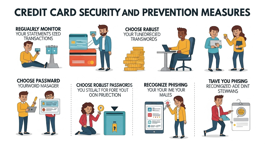 An infographic titled "CREDIT CARD SECURITY AND PREVENTION MEASURES." It illustrates tips like monitoring statements, choosing strong passwords, and recognizing phishing, with human-like characters showing various security actions.