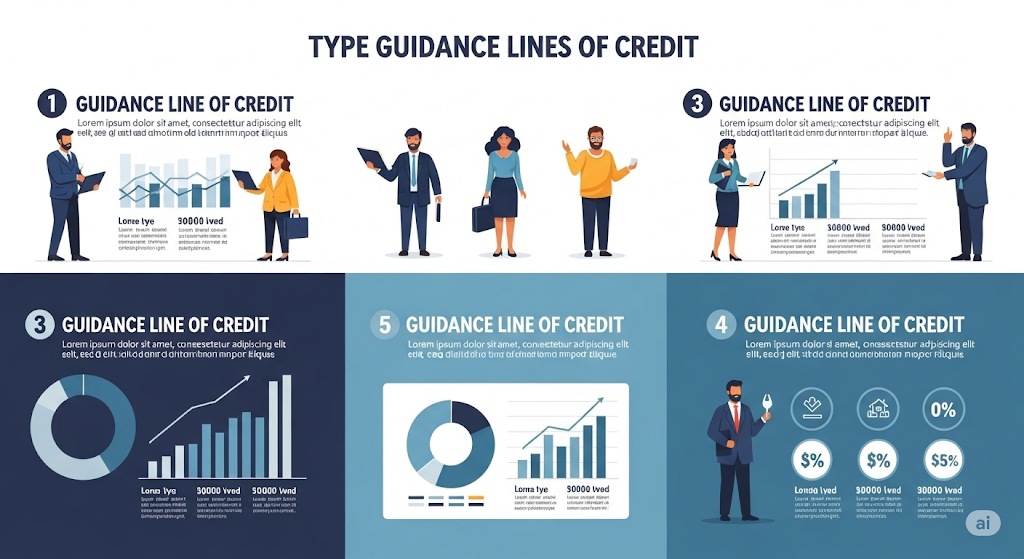 An infographic titled "TYPE GUIDANCE LINES OF CREDIT" illustrating various types with human-like characters, charts (pie and bar), and sections detailing loan types and amounts.