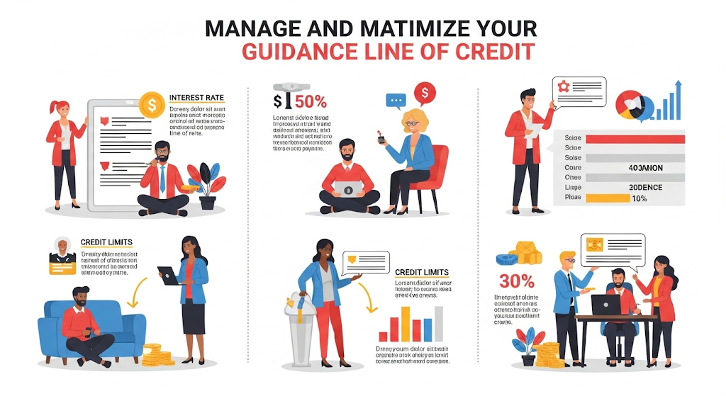 An infographic titled "Applyy for a Credit Union Business Credit Card." It shows a step-by-step process with human-like characters illustrating "For Benefits," "Eligibility," "Application," "Applictation," and "Advattation" (likely "Advantages").