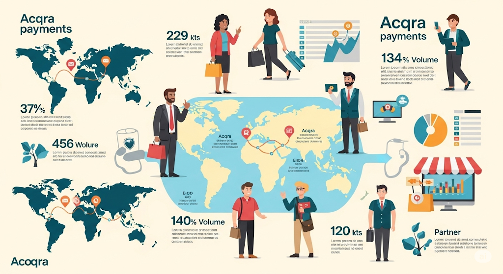 An infographic about frequently linked payment and credit card topics, illustrated with human-like characters and sections like payment processing, fraud protection, and credit utilization.