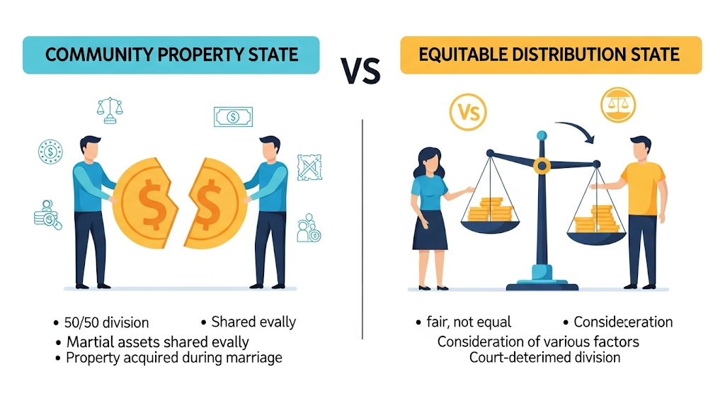 An infographic comparing "COMMUNITY PROPERTY STATE" and "EQUITABLE DISTRIBUTION STATE," using human-like characters and visuals like a divided coin and a balancing scale to illustrate the legal differences in property division.