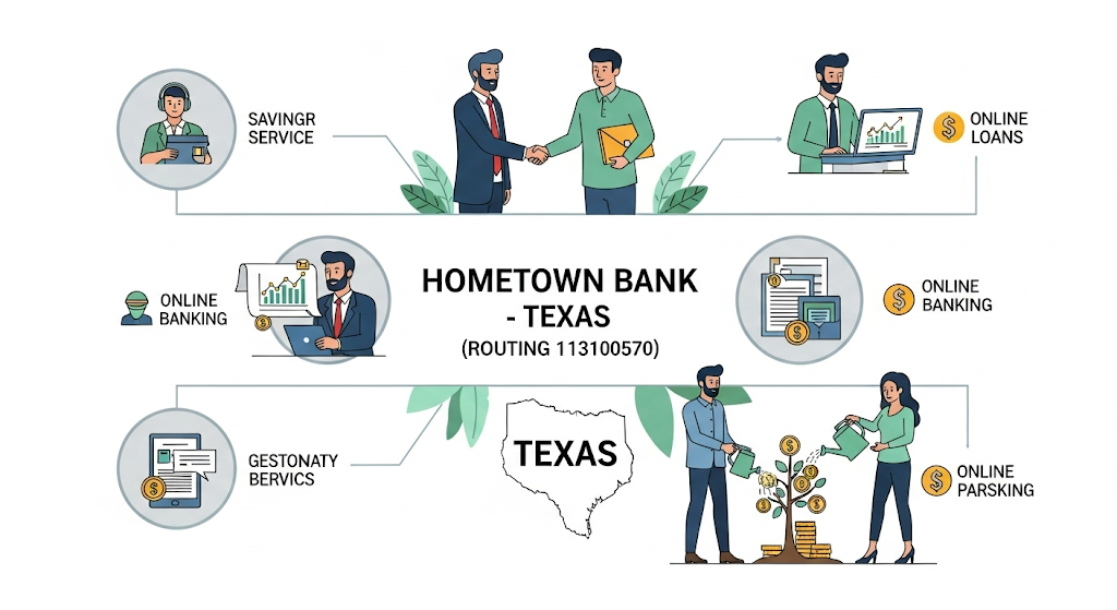 An infographic titled "HOMETOWN BANK: ROUTING NUMBERS, SERVICES & STRATEGIC GUIDE (2025)," showing six scenarios with human-like characters illustrating various banking services.