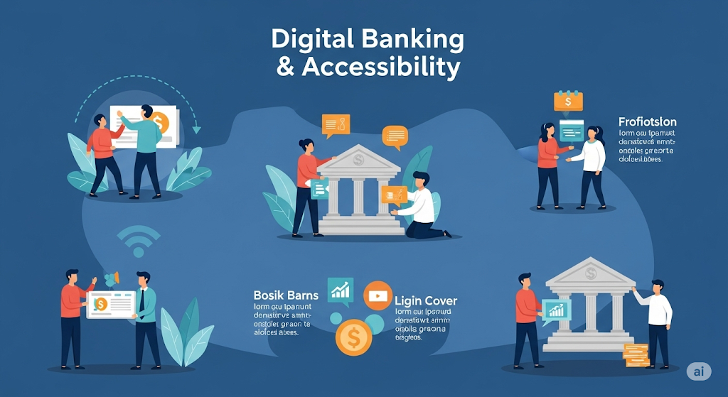 An infographic for "HOMETOWN BANK - TEXAS," displaying various online services and loans offered by the bank, with human-like characters, financial icons, and a map of Texas.