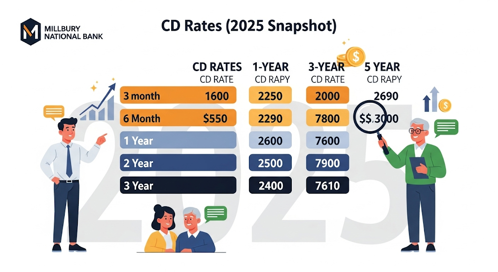 An infographic titled "First State Bank (FSB) Rates vs. Current Jumbo CD Market," comparing interest rates from a bank to the current jumbo CD market, using human-like characters and a bar chart with speech bubbles.