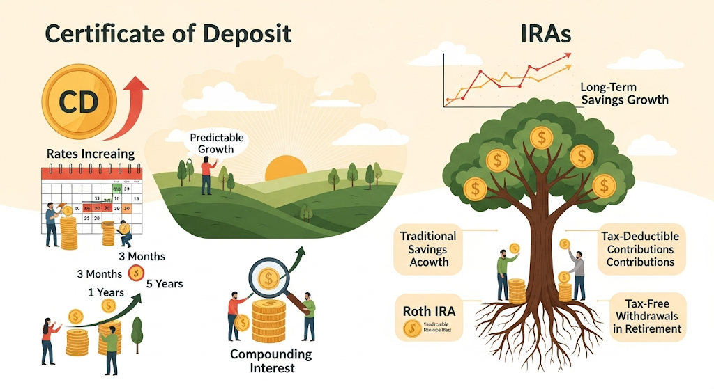 An infographic comparing Certificate of Deposit (CD) and IRAs (Individual Retirement Accounts) with human-like characters, charts, and icons illustrating predictable growth and long-term savings.
