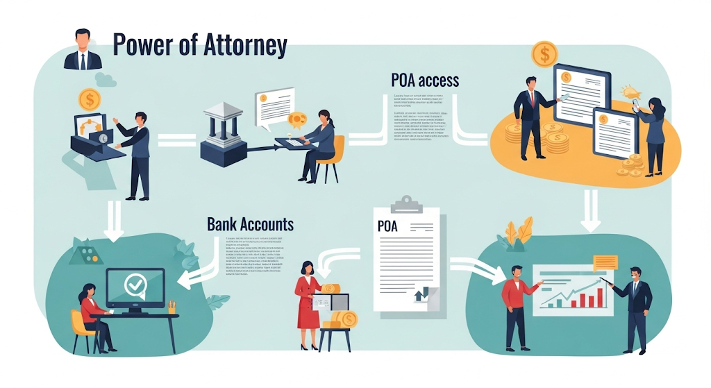 An infographic about "Power of Attorney," showing a visual flow chart of how a POA works, including access to bank accounts and signing documents, with human-like characters and icons.