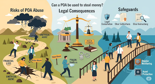 An infographic titled "Can a POA be used to steal money? Legal Consequences," illustrating the risks of Power of Attorney (POA) abuse and the legal safeguards with human-like characters, a courtroom scale, and a bridge.