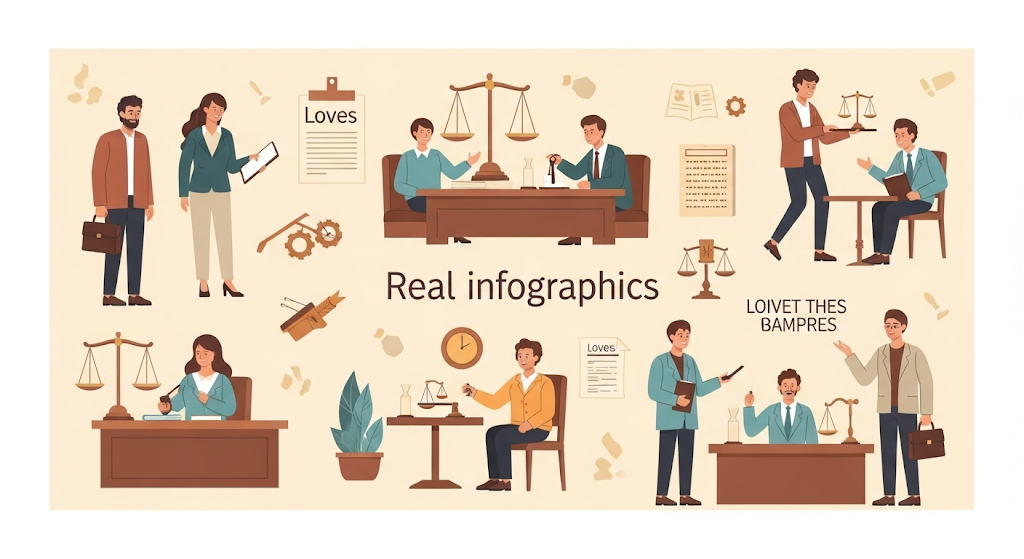 An infographic titled "Real infographics" showing a collection of human-like characters in legal and financial settings with scales of justice, gavels, documents, and other icons.