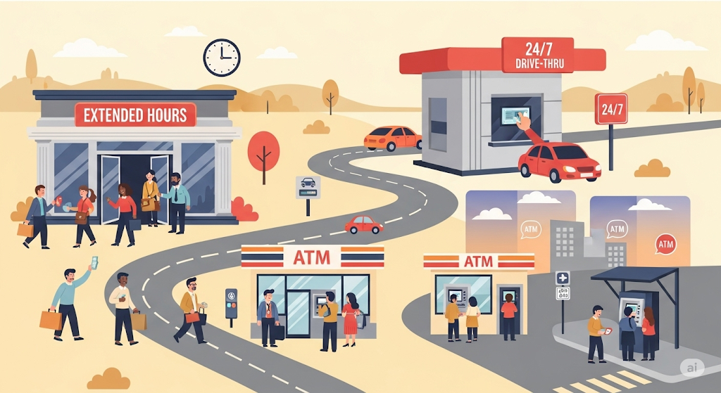An infographic comparing standard weekday banking hours, limited Saturday hours, and 24/7 online banking, with human-like characters illustrating each scenario.