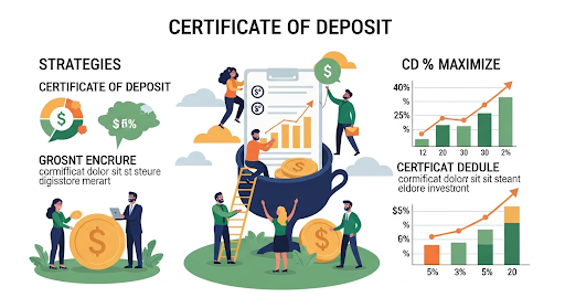 An infographic titled "2025 UPDATE: Farmers and Merchants Bank CD Rates," with a visual of a winding path of coins, a bar chart showing percentages for different CD terms, and two farmers discussing investments.