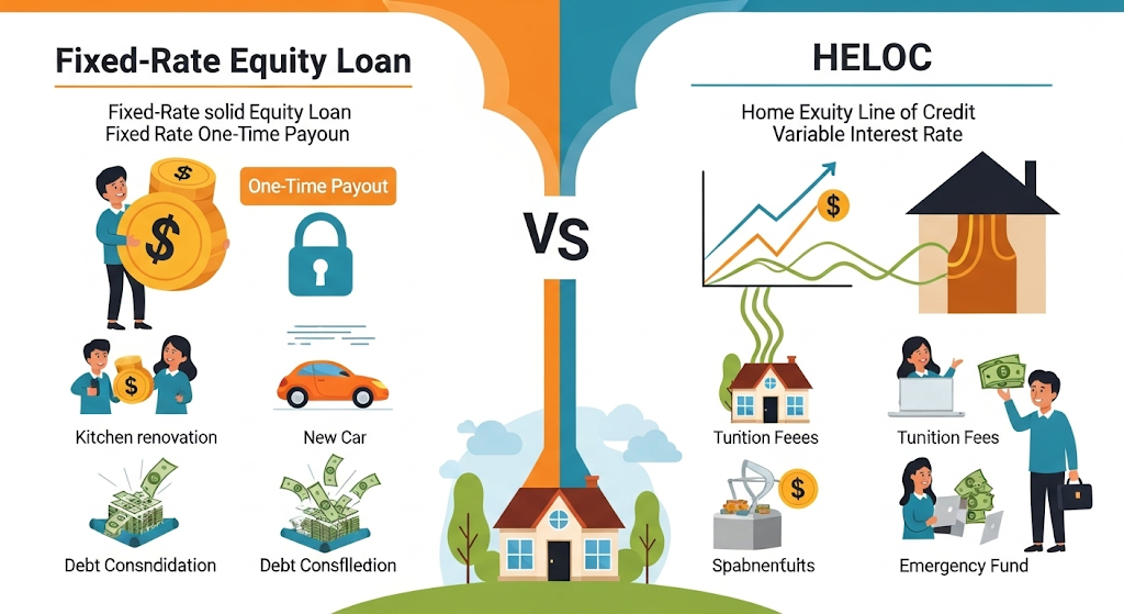 An infographic for "HOMETOWN BANK - TEXAS," displaying various online services and loans offered by the bank, with human-like characters, financial icons, and a map of Texas.