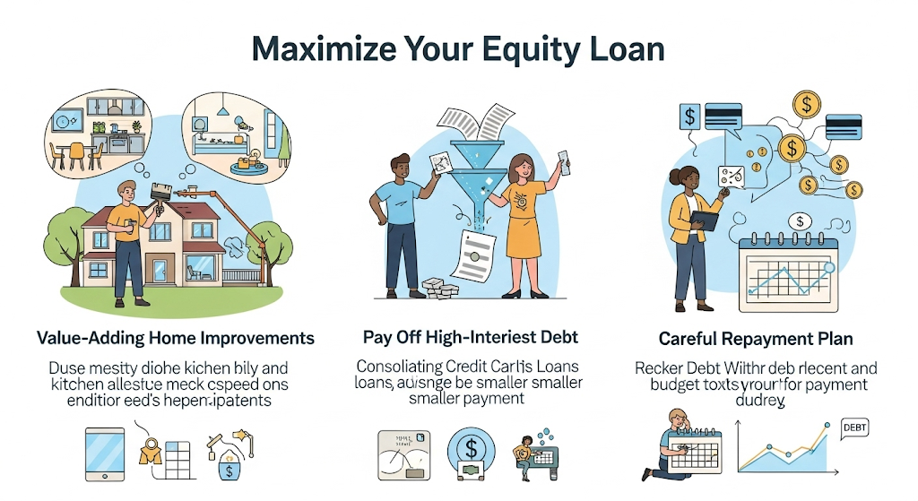 An infographic for "HOMETOWN BANK - TEXAS," displaying various online services and loans offered by the bank, with human-like characters, financial icons, and a map of Texas.