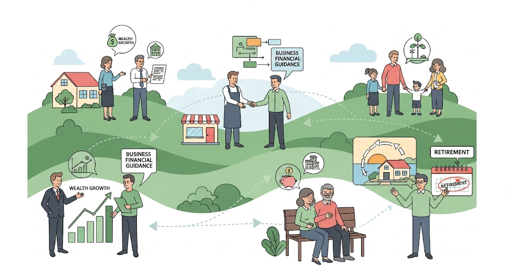 An infographic for "HOMETOWN BANK - TEXAS," displaying various online services and loans offered by the bank, with human-like characters, financial icons, and a map of Texas.
