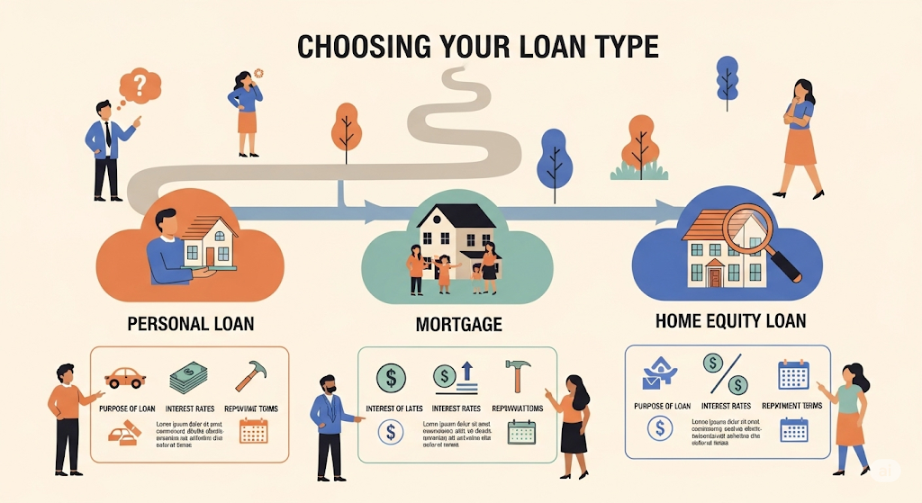 An infographic titled "CHOOSING YOUR LOAN TYPE," comparing Personal Loans, Mortgages, and Home Equity Loans, with human-like characters illustrating the purpose, interest rates, and repayment terms for each.