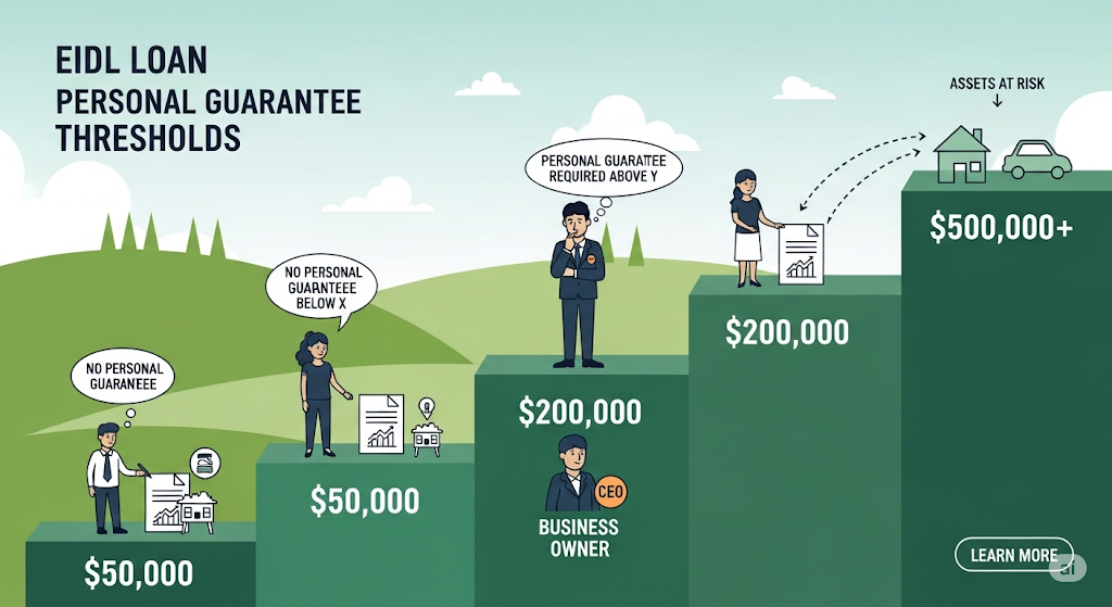 An infographic titled "EIDL Loan Personal Guarantee Thresholds," illustrating the required personal guarantees for different loan amounts with human-like characters standing on platforms of varying heights.