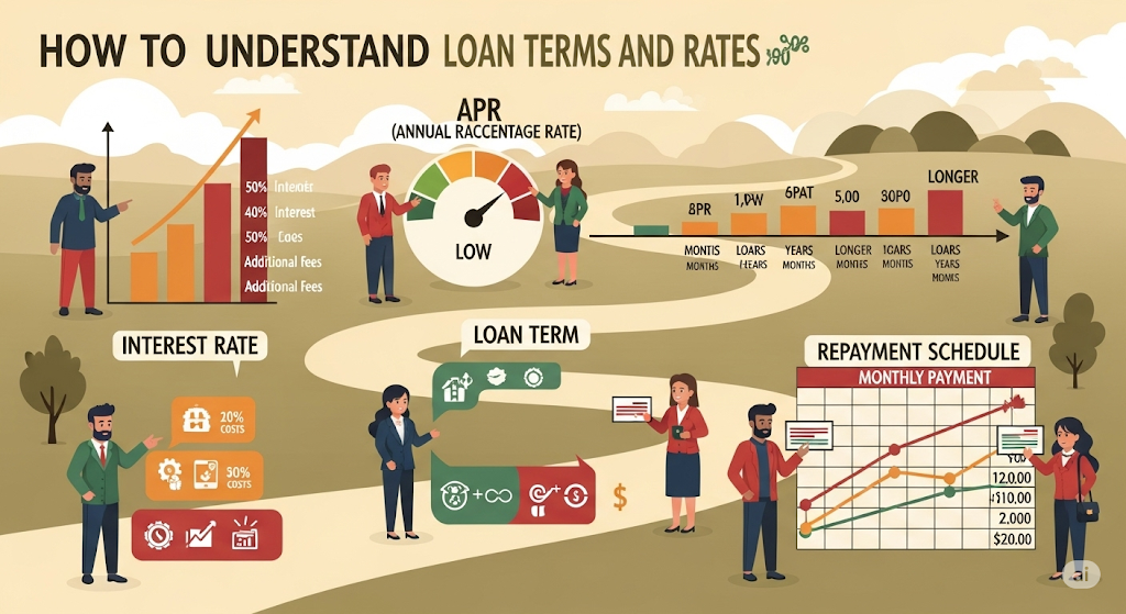 An infographic titled "CHOOSING YOUR LOAN TERM: A GUIDE TO FINANCIAL GOALS," illustrating the difference between short-term loans and long-term loans using human-like characters and scenarios like home renovations, medical emergencies, and education.