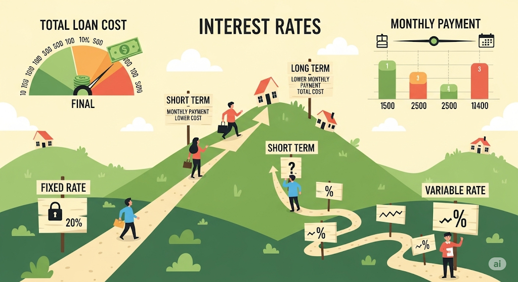 An infographic illustrating loan factors, including total loan cost, interest rates (fixed vs. variable), and monthly payments, with a winding path and human-like characters interacting with financial charts and symbols.
