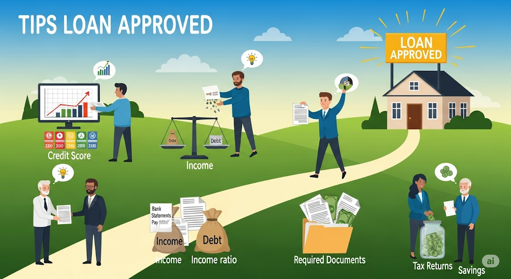 An infographic titled "TIPS LOAN APPROVED," showing various steps and factors for loan approval, including credit score, income, debt, required documents, and savings, with human-like characters illustrating each step.