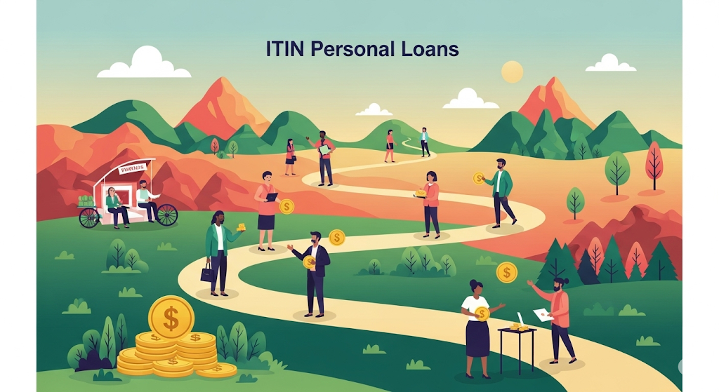An infographic titled "ITIN Personal Loans," showing human-like characters along a winding road, with financial icons and a landscape with mountains in the background.