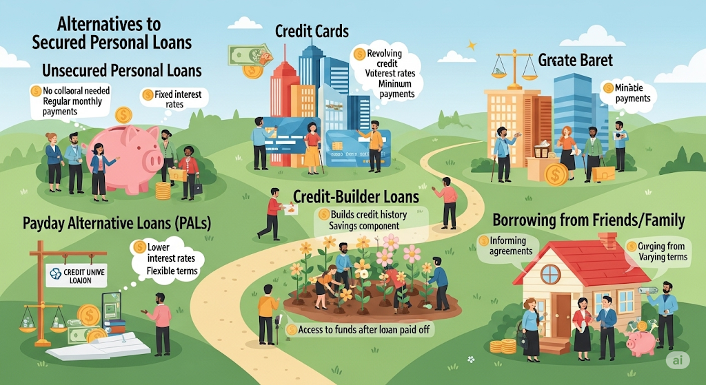 An infographic titled "Alternatives to Secured Personal Loans," illustrating options like unsecured personal loans, credit cards, Payday Alternative Loans (PALs), credit-builder loans, and borrowing from friends or family with human-like characters and icons.