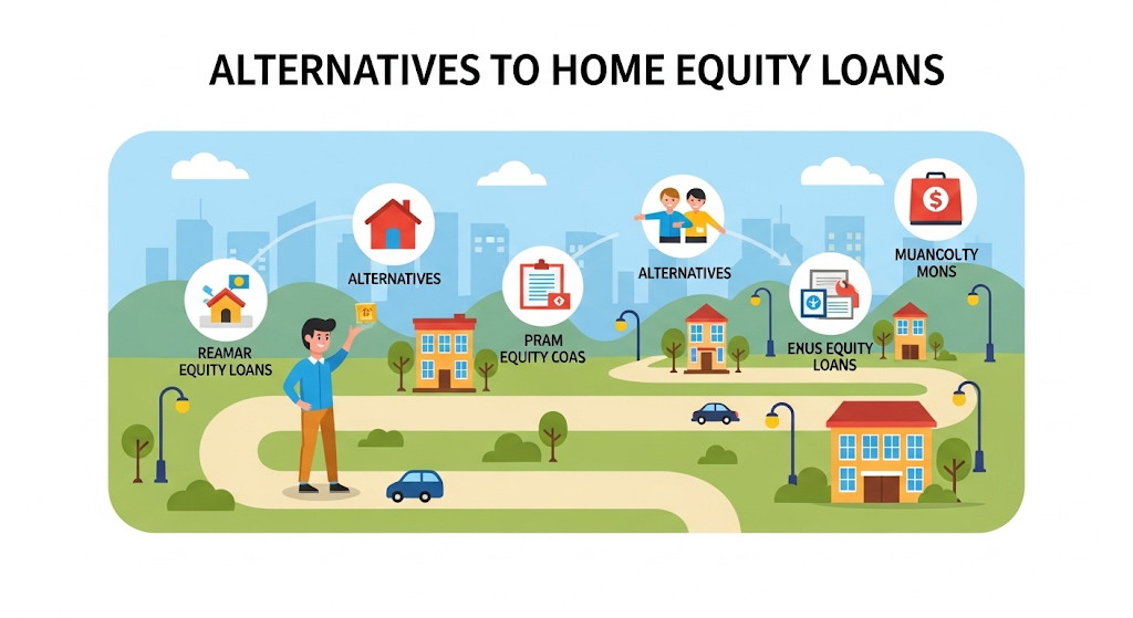 An infographic titled "Alternatives to Home Equity Loans," showing a person on a winding road with icons representing different loan options like personal loans and cash-out refinancing.