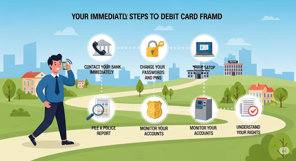
An infographic outlining "Your Immediate Steps to Debit Card Fraud," showing a person on a path with icons for contacting a bank, changing passwords, filing a police report, and monitoring accounts.