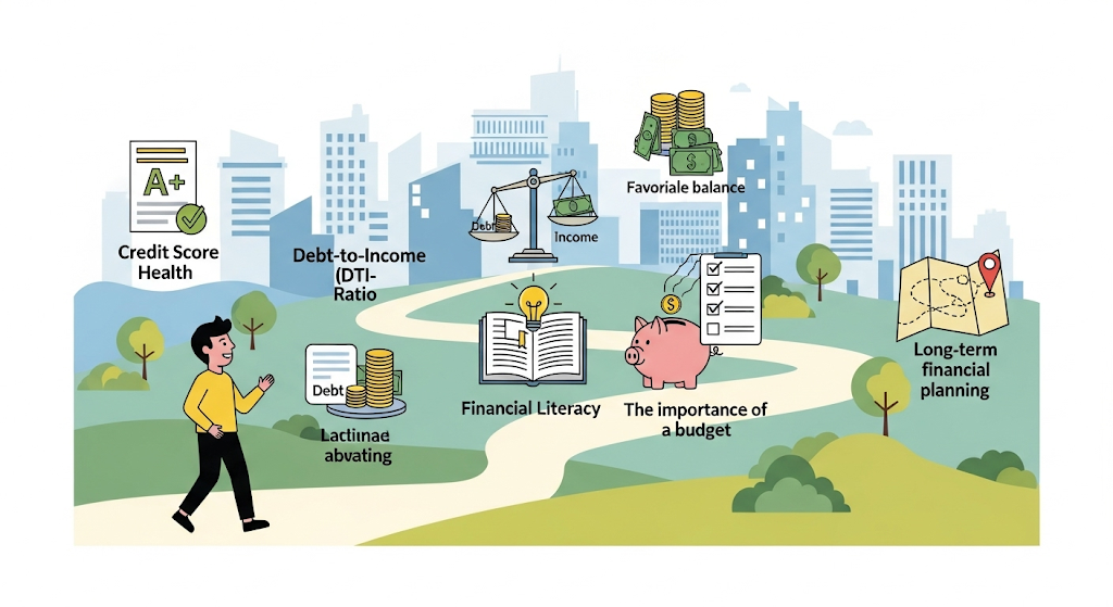 
An infographic showing the steps to refinance a Ford Credit Auto loan, with a person on a winding path leading to a Ford dealership and a city skyline.