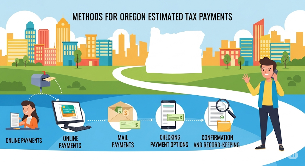 An infographic titled "Methods for Oregon Estimated Tax Payments," with a person on a winding path and icons representing different payment methods like online, mail, and mobile.