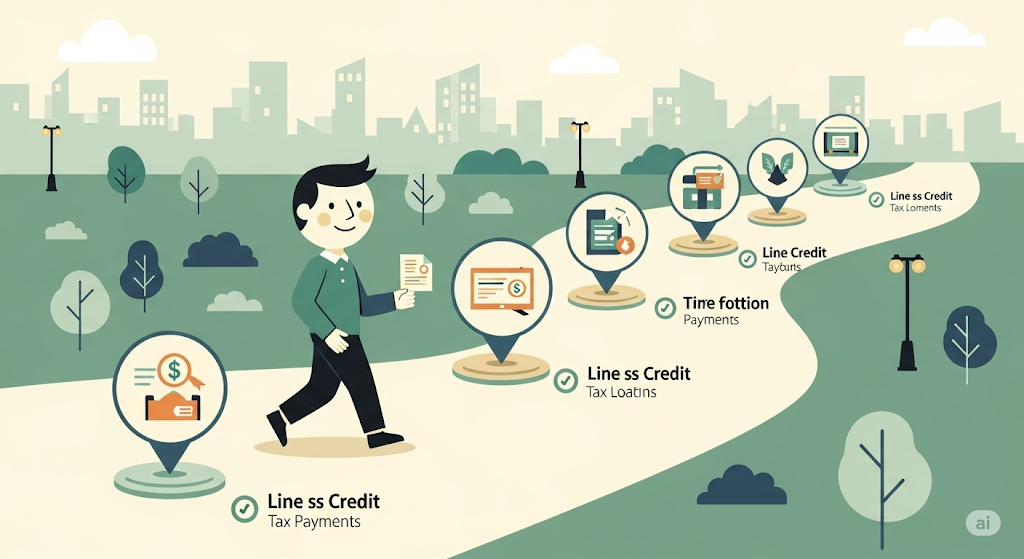 An infographic explaining how to manage and repay a home equity line of credit (HELOC), with a person on a winding path and icons representing different concepts like repayment terms, access to funds, and collateral.